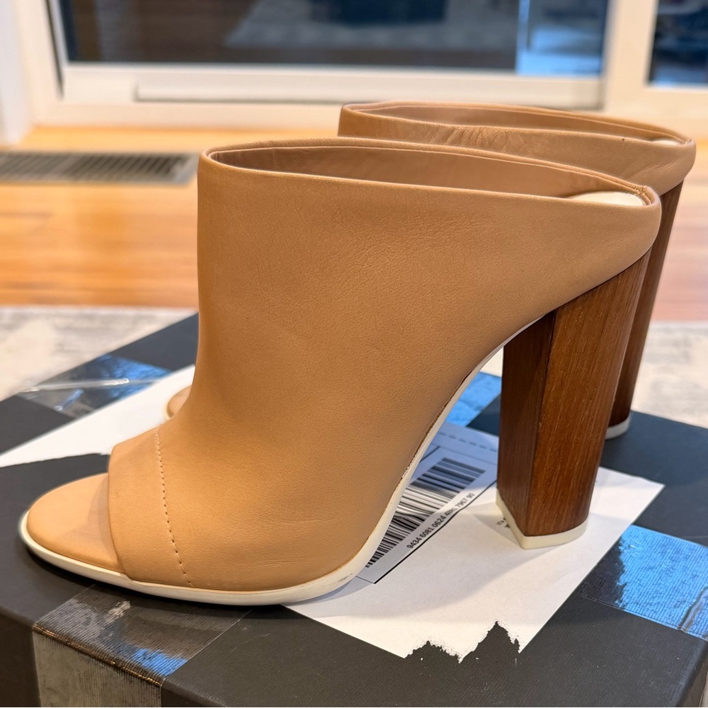 Vince Tan Open-Toe Mules with Wooden Heel
